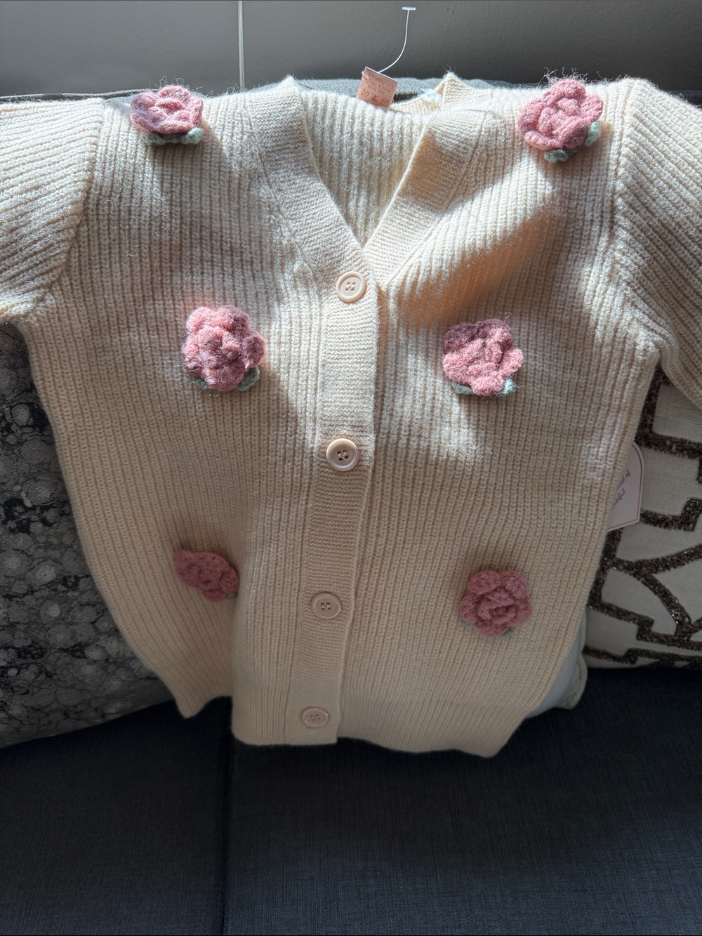 Kids Cream Cardigan with Pink Flower Appliqués